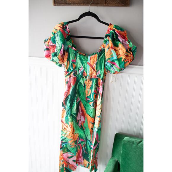 FARM Rio Multicolor Banana Foliage Puff Sleeve Midi Dress XS NEW - Picture 5 of 5